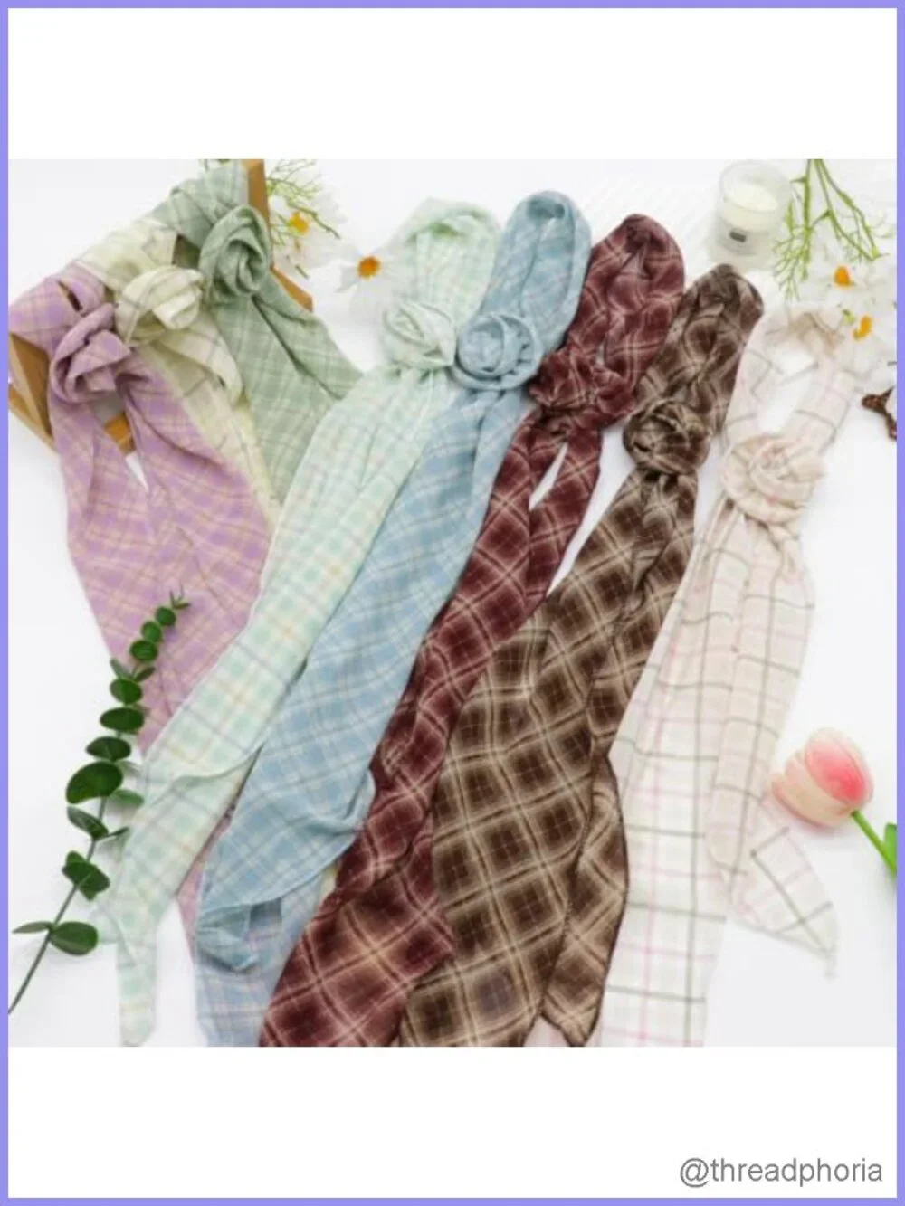 Plaid Chiffon Skinny Scarf with Rose Clip for Women